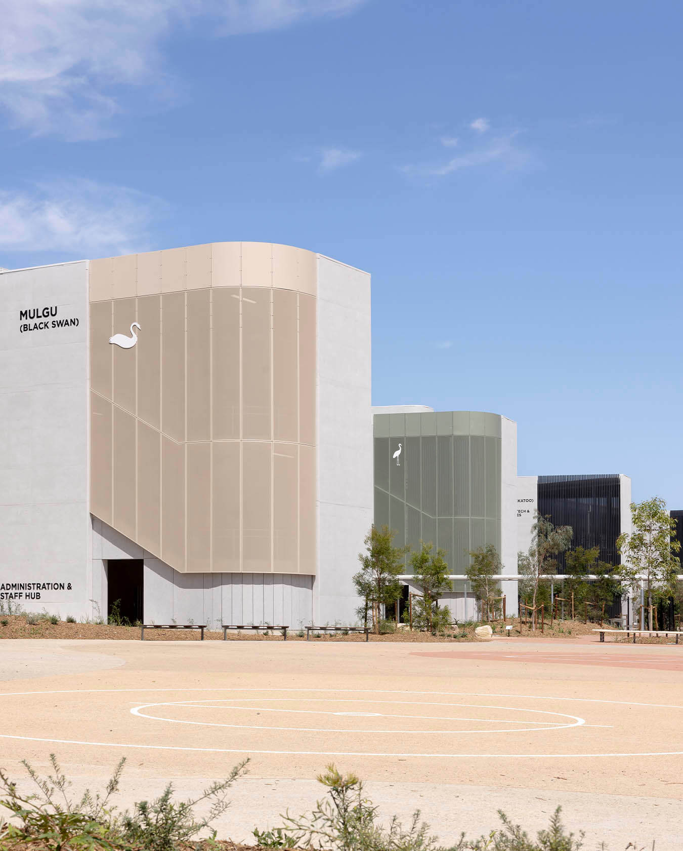 003-Portrait-image-of-three-buildings-with-facade-Melonba-Education-Campus-Richard-Crookes-Constructions-Public-Education